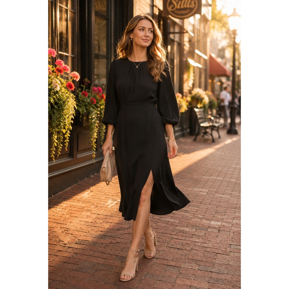 Baltic Born High Line Midi Dress Black 3/4 Sleeve Front Slit NWT Size L